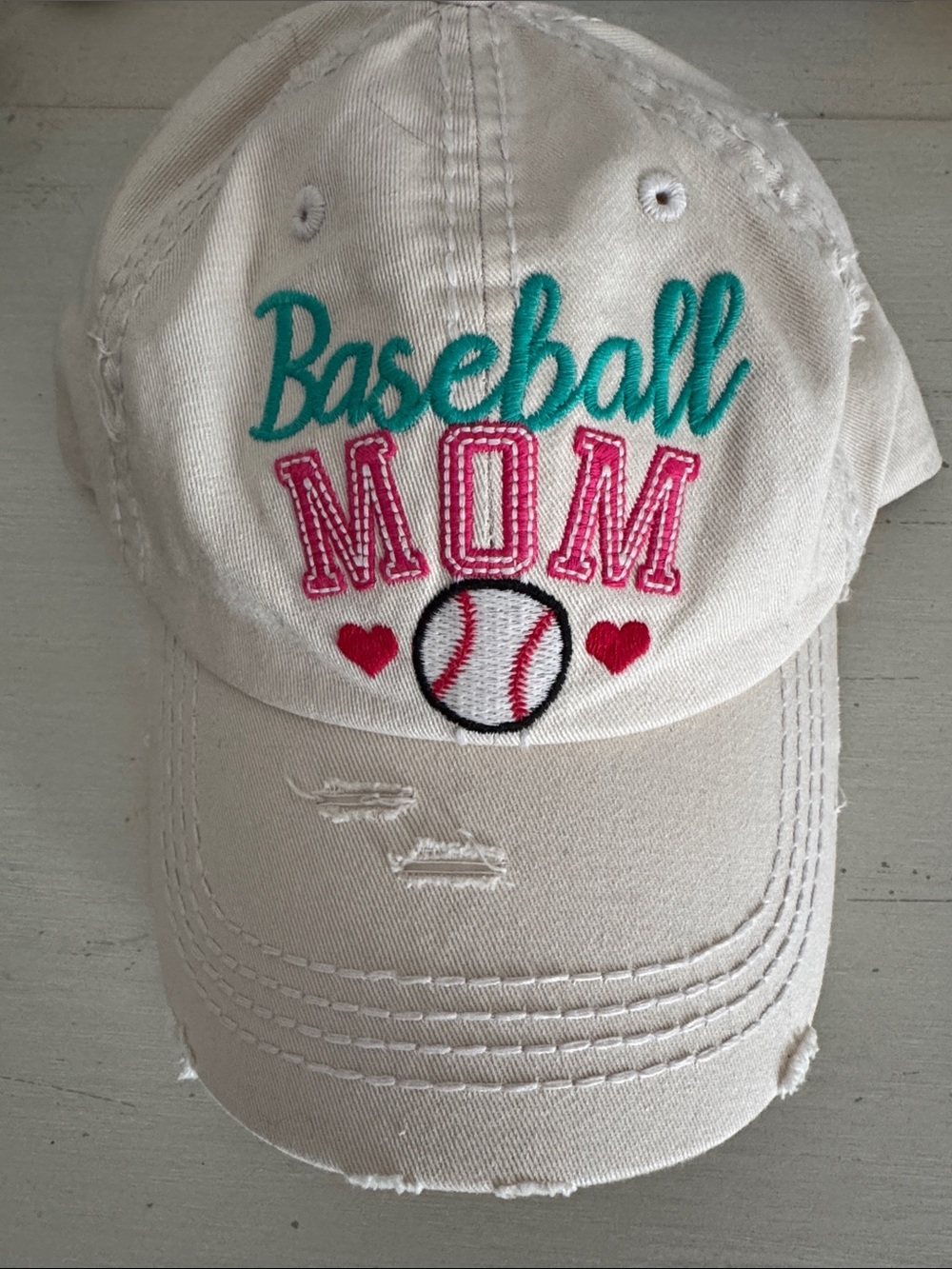 Baseball Mom Hat - Cream with Teal & Pink Embroidery